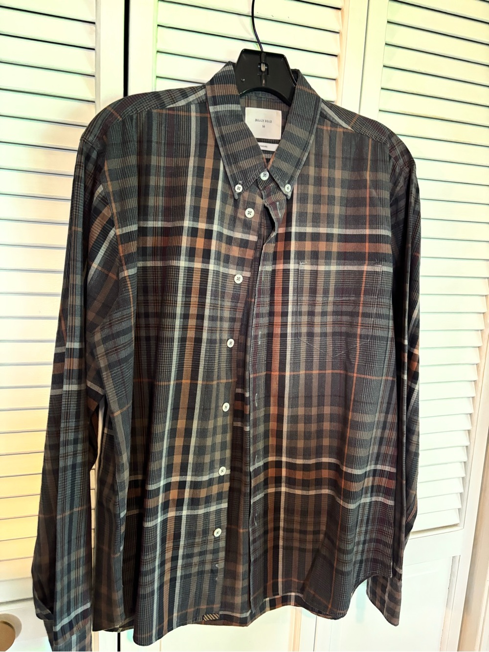 Billy Reid Men's Plaid Button-Down Shirt in Charcoal, Brown and black